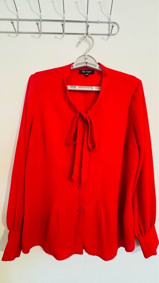 Red Tie-Neck Blouse – Size M - photo 2