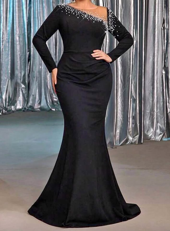 Plus Size Black dress with Pearl Design Long Sleeve Elastic (46