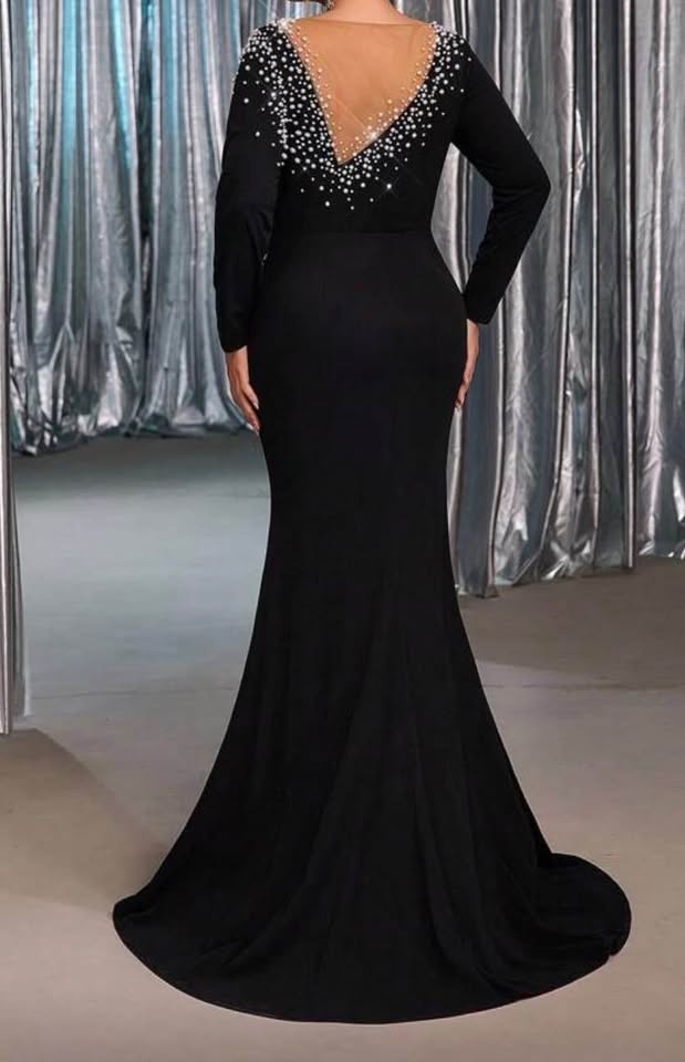 Plus Size Black dress with Pearl Design Long Sleeve Elastic (46 - photo 4