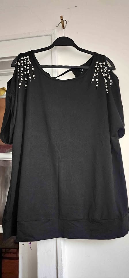 Shein black cold shoulder top with faux pearl embellishments