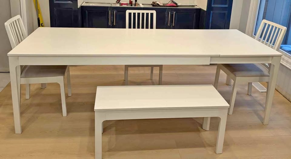 White Extendable Dining Table Set with 3 Chairs & Bench