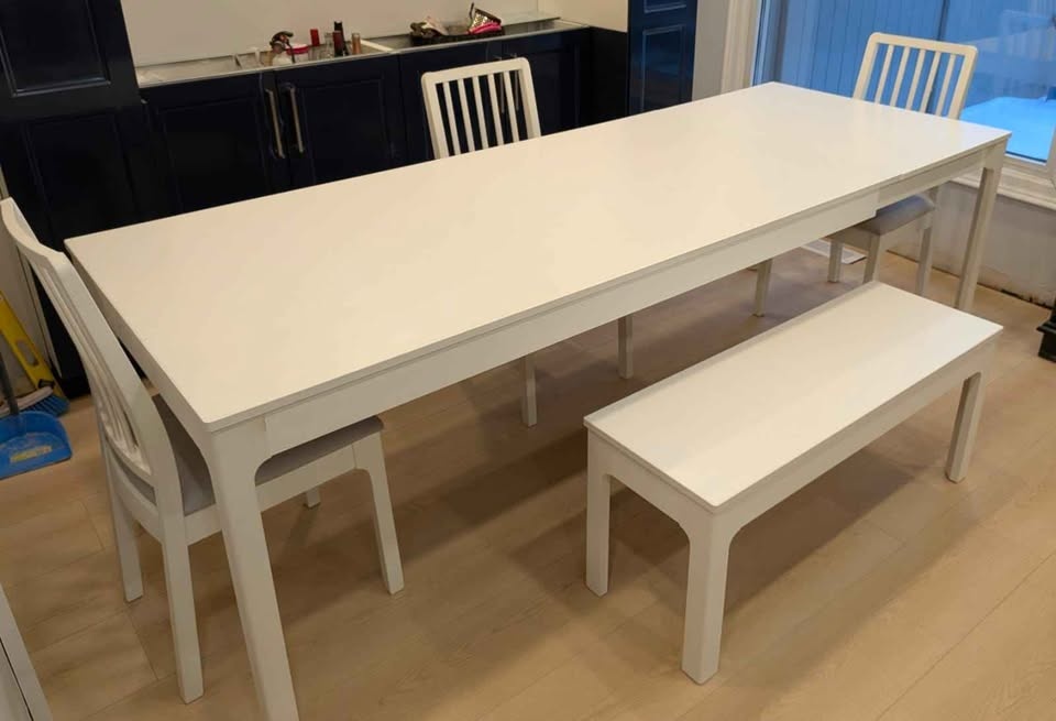 White Extendable Dining Table Set with 3 Chairs & Bench - photo 2