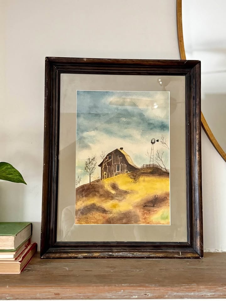 Vintage Framed Original Watercolor – Rustic Barn