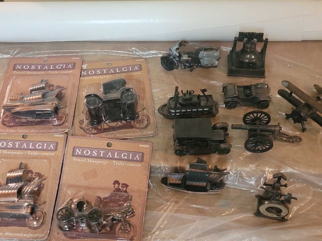 14 Vintage Copper Pencil Sharpener plane car Canon clock ship