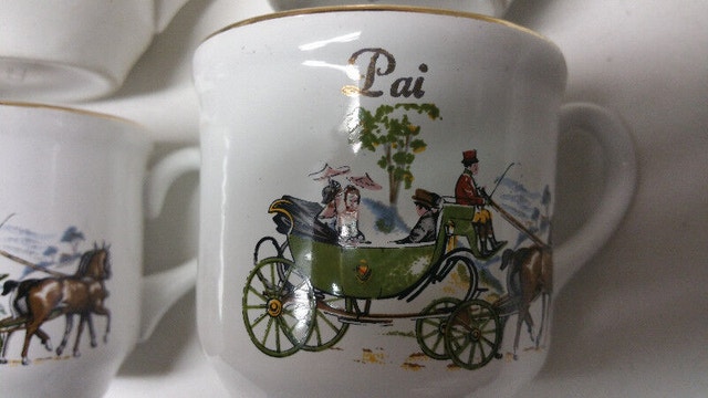 Vintage 4 Coffee Cup Mugs Ashtray Set Horse Buggy Portugal - photo 5