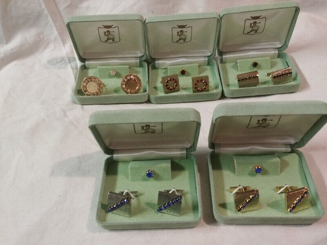 Lot 5 New Vintage set Cufflink Tie Pin blue green red white
