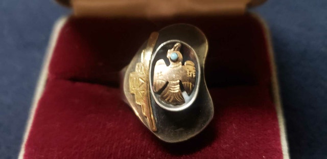 VINTAGE 10K GOLD 925 SILVER TURQUOISE NAVAJO INDIAN RING - photo 3