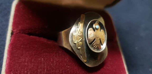 VINTAGE 10K GOLD 925 SILVER TURQUOISE NAVAJO INDIAN RING - photo 4