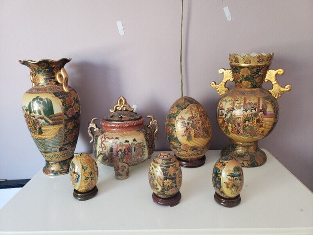 7 Set SATSUMA Vase Bowl Eggs Hand Painted Enamel
