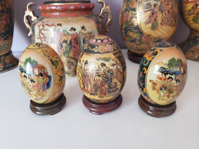 7 Set SATSUMA Vase Bowl Eggs Hand Painted Enamel - photo 3
