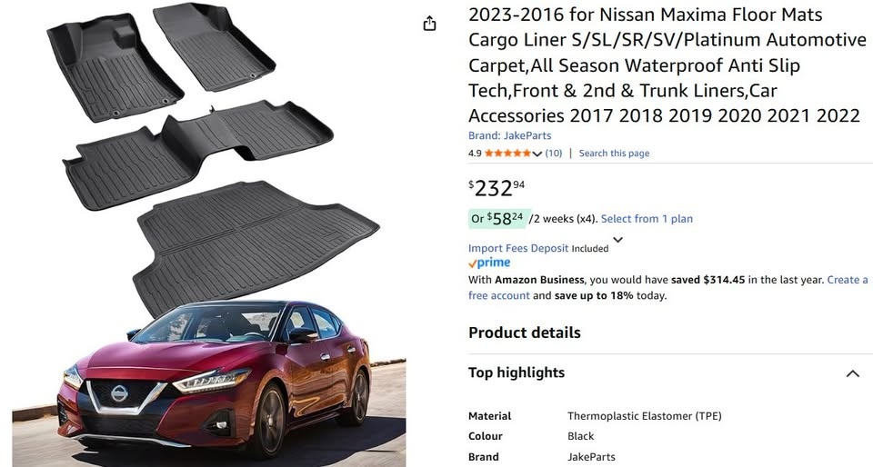 Nissan Maxima Floor Mats + Trunk Liner (2016–2023) - photo 2
