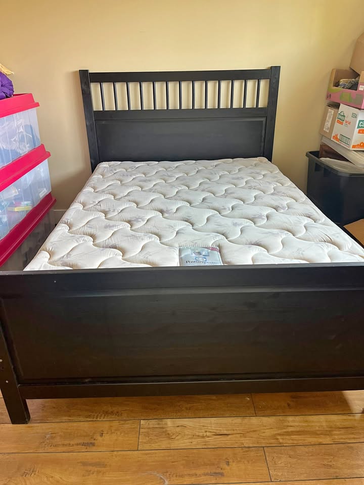 Black, Wooden Double Size Bed Frame With Mattress