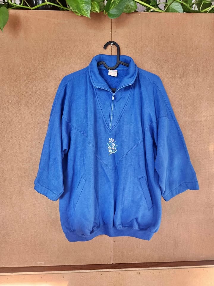 Vintage Floral Blue Sweater Zipper