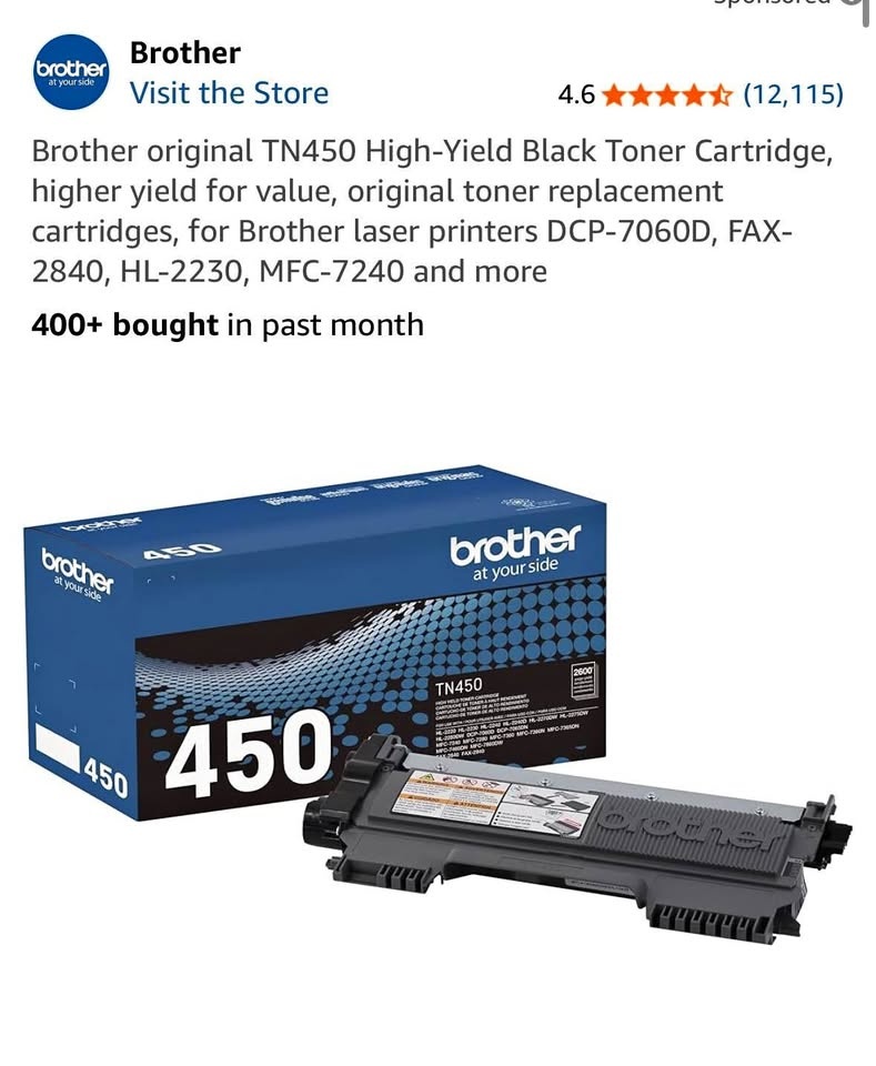 Brother original TN450 High-Yield Black Toner Cartridge