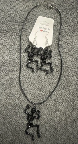 Pair of Black Plastic Skeleton Earrings with Necklace