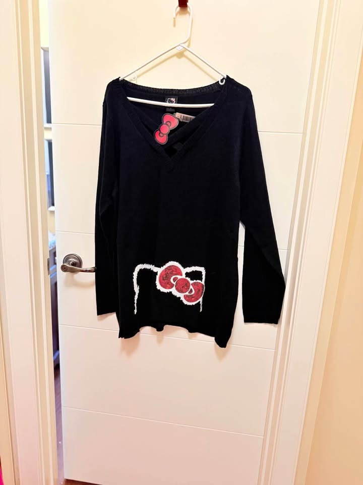 Torrid Hello Kitty V-Neck Sweater with Red sequin bow Size 1