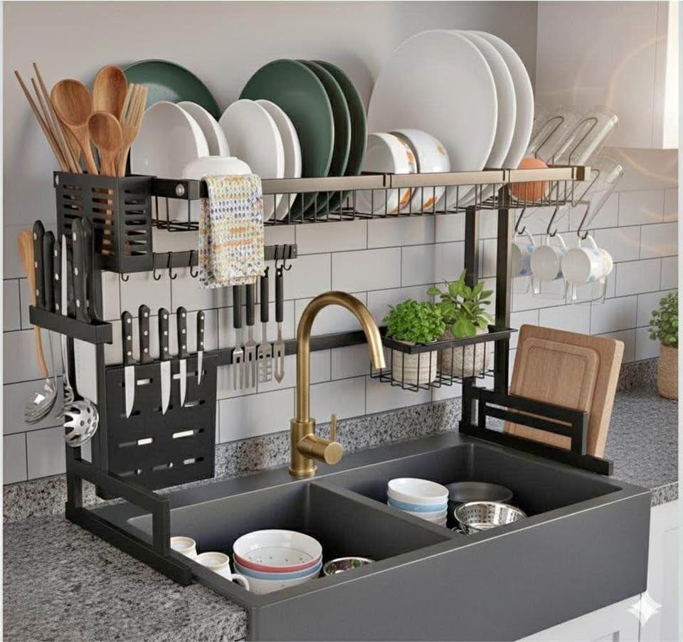 New Large 2-Tier Stainless Steel Over-Sink Dish Rack - Black