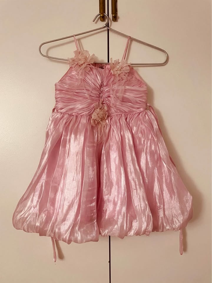 Pink Satin Dress with Floral Accents