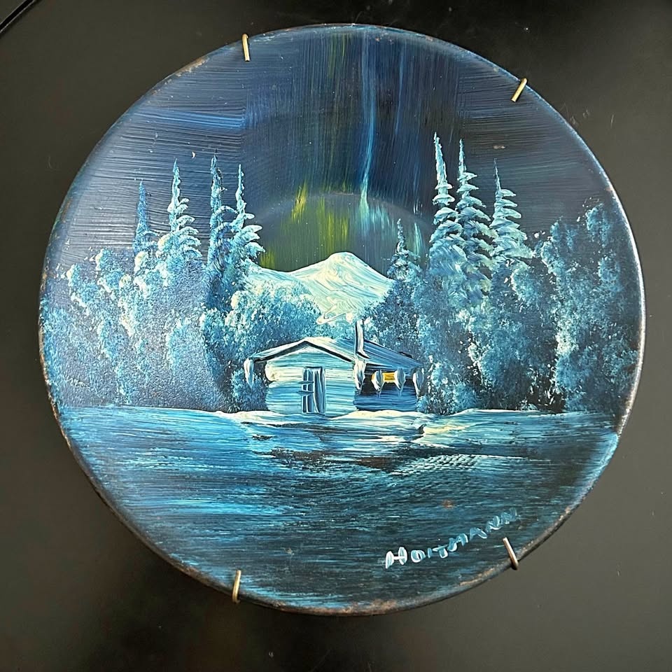 Vintage Hand-Painted Metal Pan Snowy Mountain & Forest