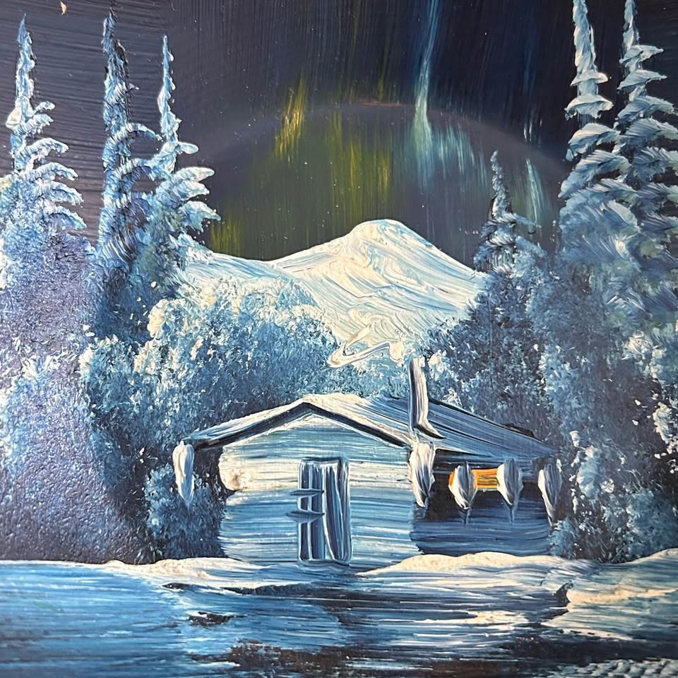 Vintage Hand-Painted Metal Pan Snowy Mountain & Forest - photo 2