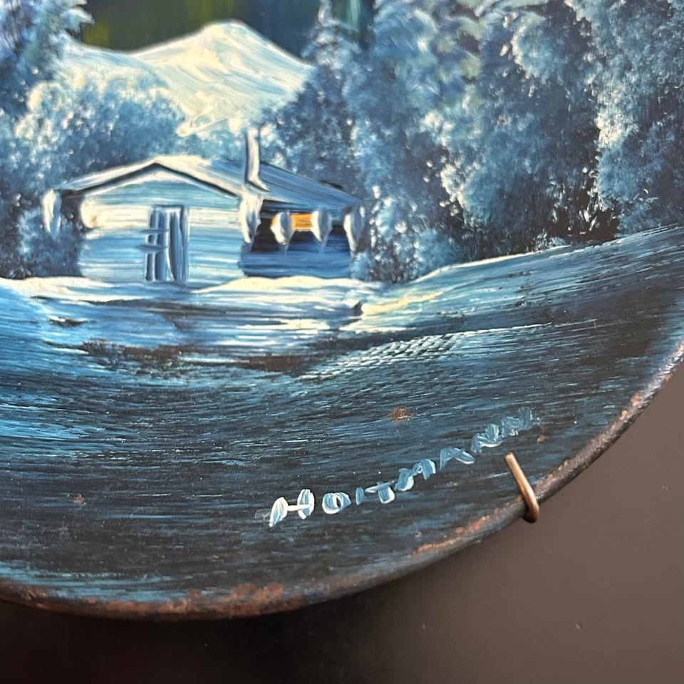 Vintage Hand-Painted Metal Pan Snowy Mountain & Forest - photo 3