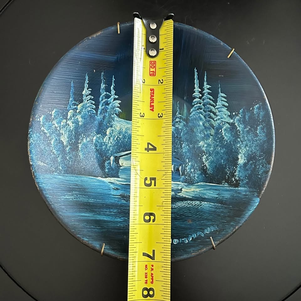 Vintage Hand-Painted Metal Pan Snowy Mountain & Forest - photo 4