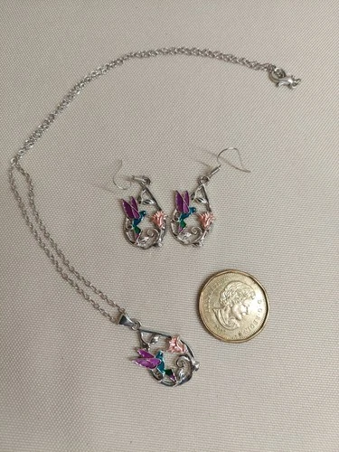 Hummingbird Enamel Necklace & Earrings Set – Silver Tone – Natur - photo 2