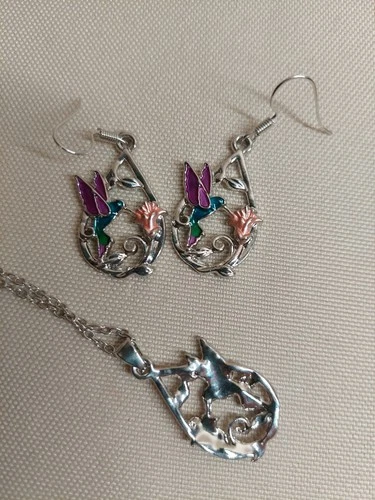 Hummingbird Enamel Necklace & Earrings Set – Silver Tone – Natur - photo 3