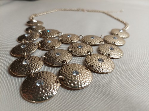 Gold Tone Statement Necklace Hammered Disc Bib Rhinestones