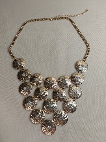 Gold Tone Statement Necklace Hammered Disc Bib Rhinestones - photo 2