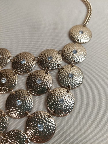 Gold Tone Statement Necklace Hammered Disc Bib Rhinestones - photo 4