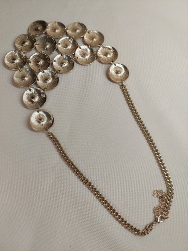 Gold Tone Statement Necklace Hammered Disc Bib Rhinestones - photo 5