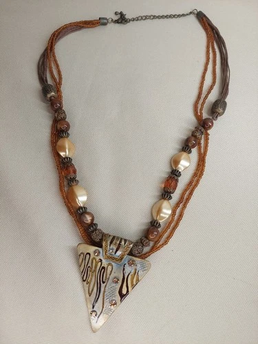 Boho Multi-Strand Beaded Necklace with Large Triangle Pendant