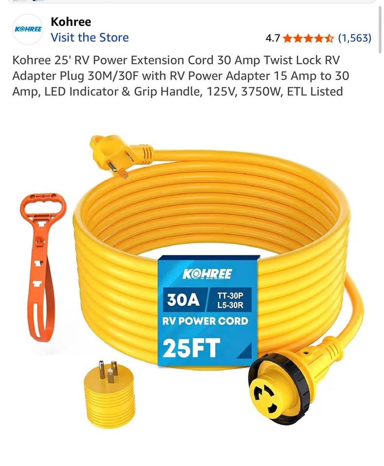 Kohree 25' RV Power Extension Cord 30 Amp
