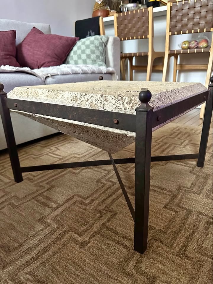 Solid Travertine Coffee Table with Iron Frame