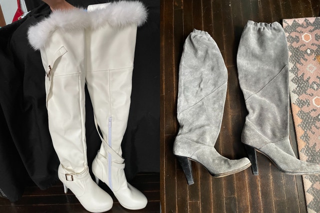 Women's Knee High Boots, Heeled, White and Gray Suede, Size 7-8