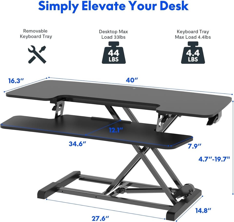 40" Standing Desk Converter, Office Desk Riser, Black | NEW | Fl - photo 2