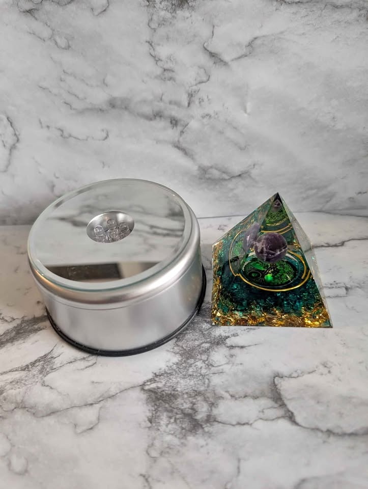 Orgone tree of life crystal pyramid with rotating LED stand