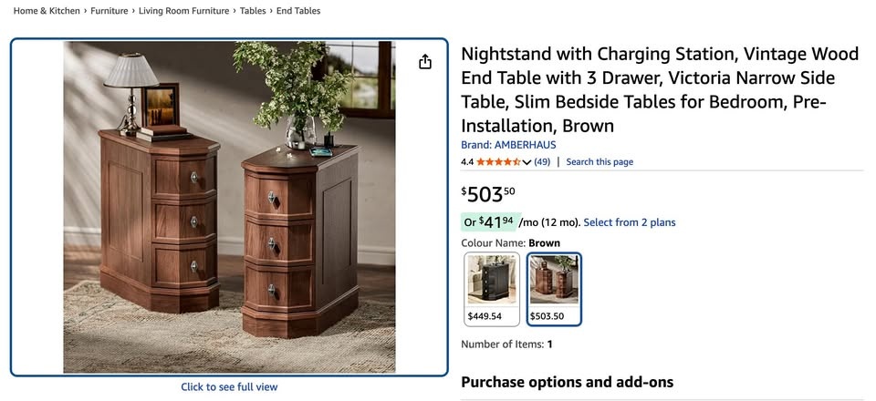 Nightstand with Charging Station, Vintage Wood End Table
