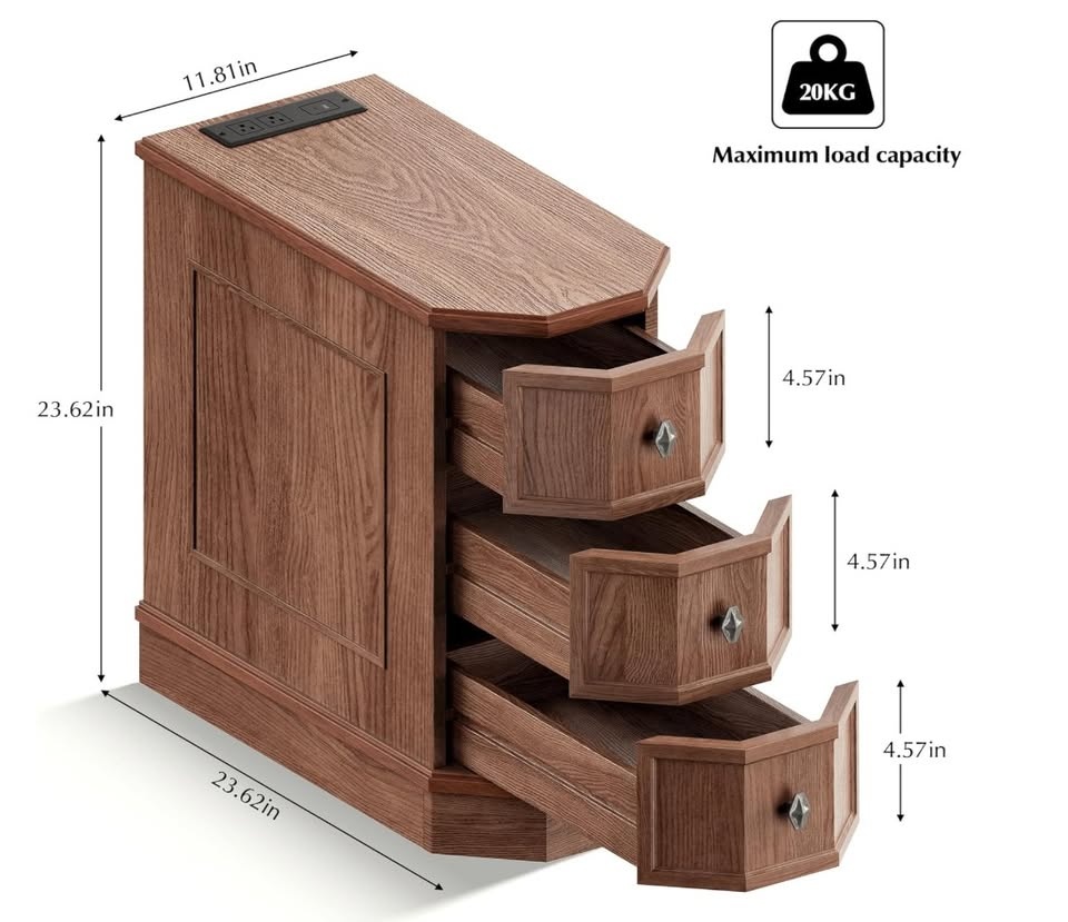 Nightstand with Charging Station, Vintage Wood End Table - photo 3