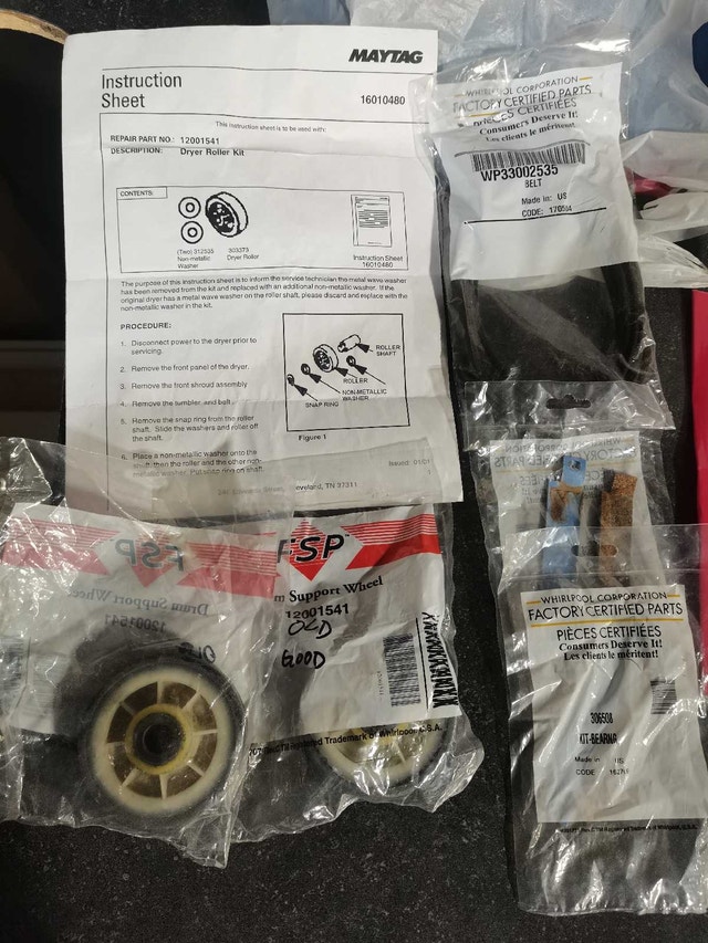 Maytag Dryer roller Repair Kit, parts listed