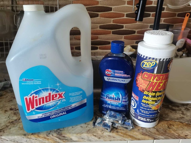 windex, finish jet dry n zep drain opening powder all