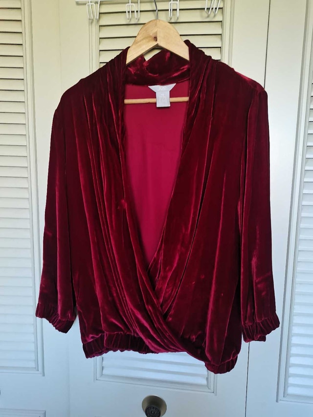 drape neck long sleeves velvet burgundy blazer top,L