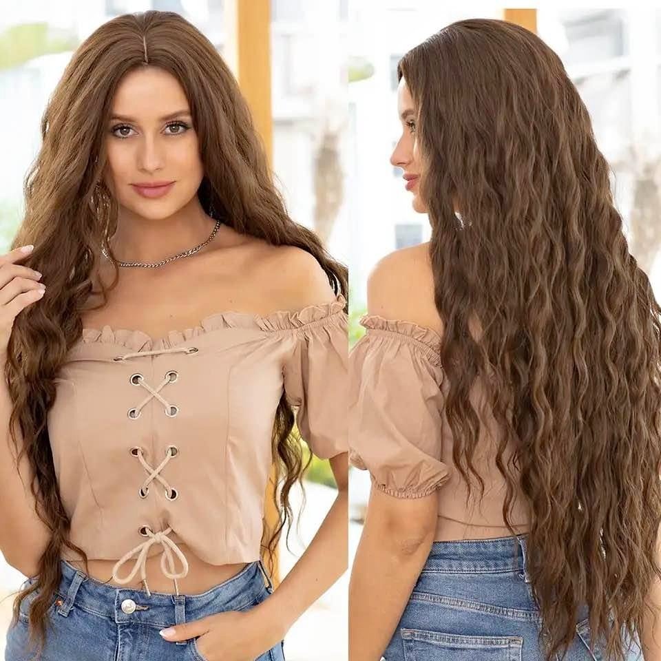 Dark brown long curly synthetic wig
