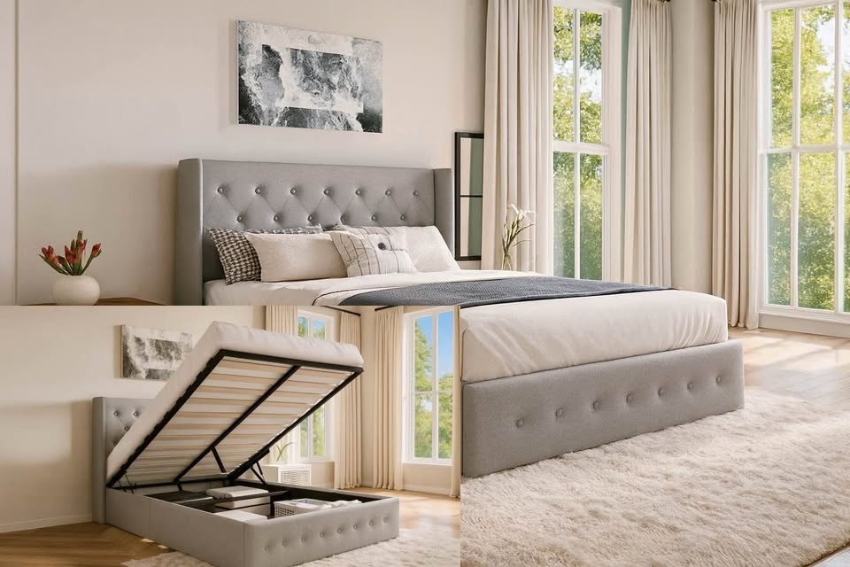 Diamond Tufted Wingback Hydraulic Storage Bed