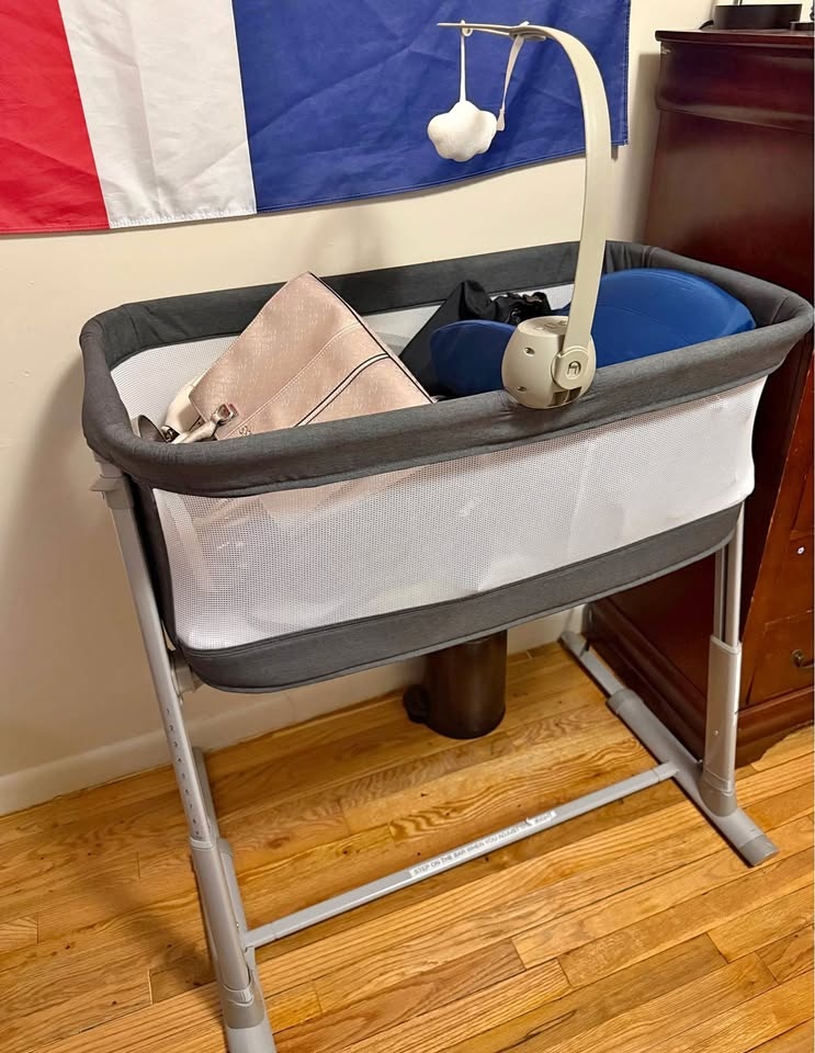 Gray Baby Bassinet with Mobile