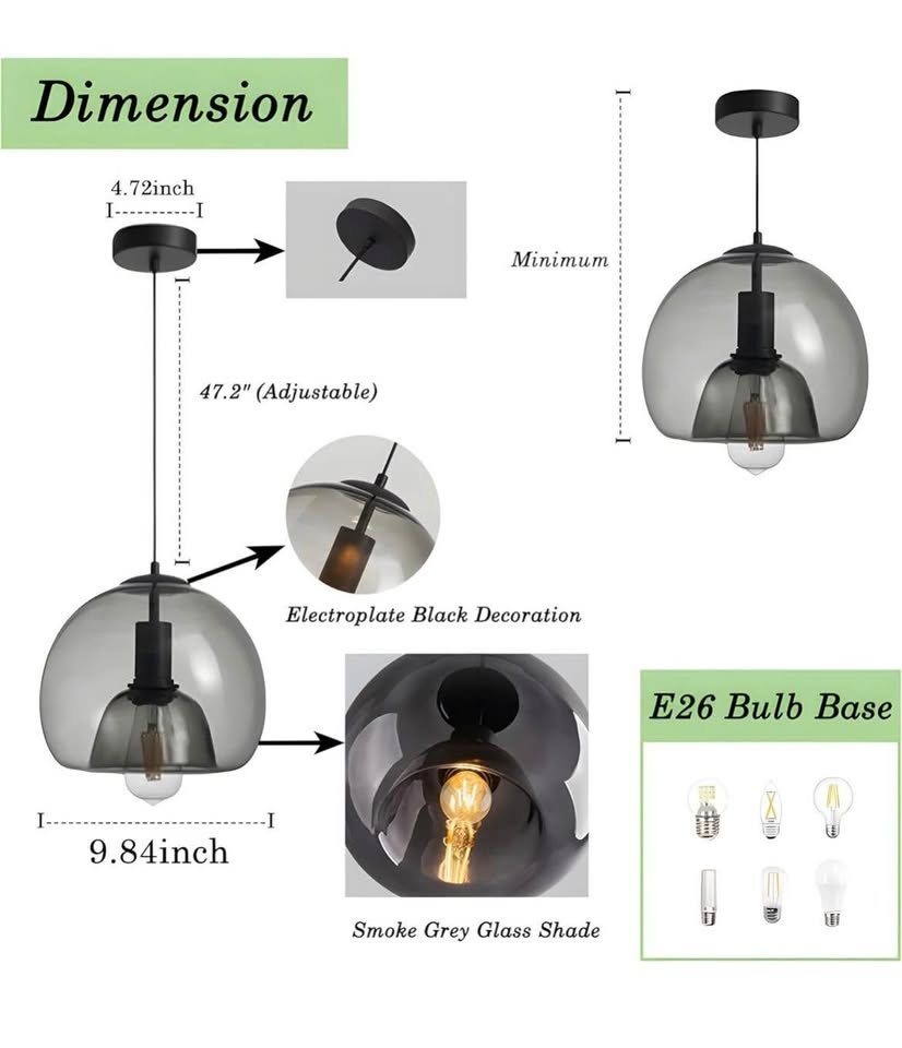 MIXL- Smoked Glass 1-Light Pendant Lamp - photo 4