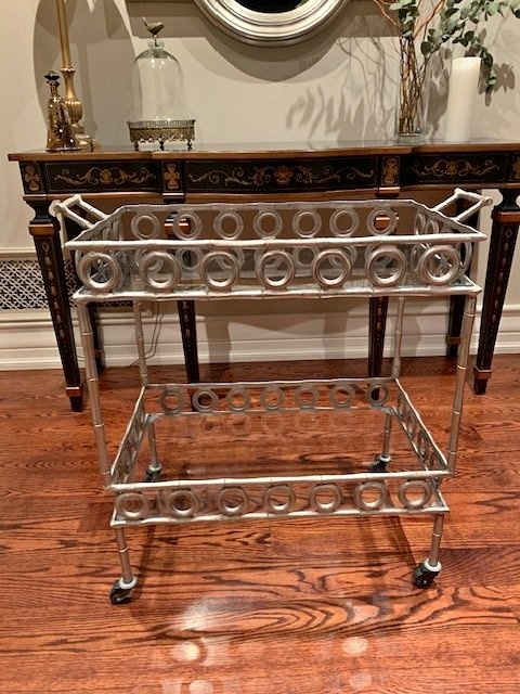 Bar Cart Brushed Silver 2 Glass Shelves
