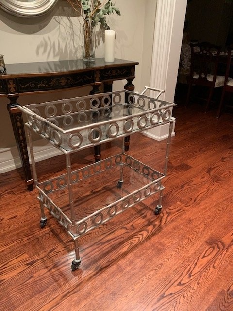 Bar Cart Brushed Silver 2 Glass Shelves - photo 2