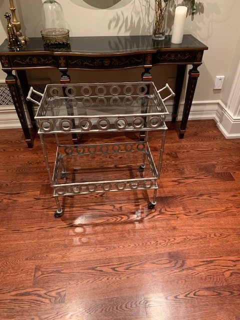 Bar Cart Brushed Silver 2 Glass Shelves - photo 5